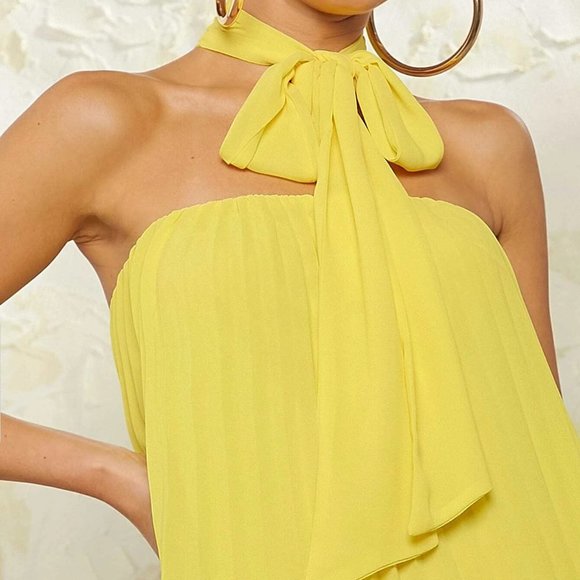 Yellow Casual Womens Pleated Halter Dress - Picture 3 of 5